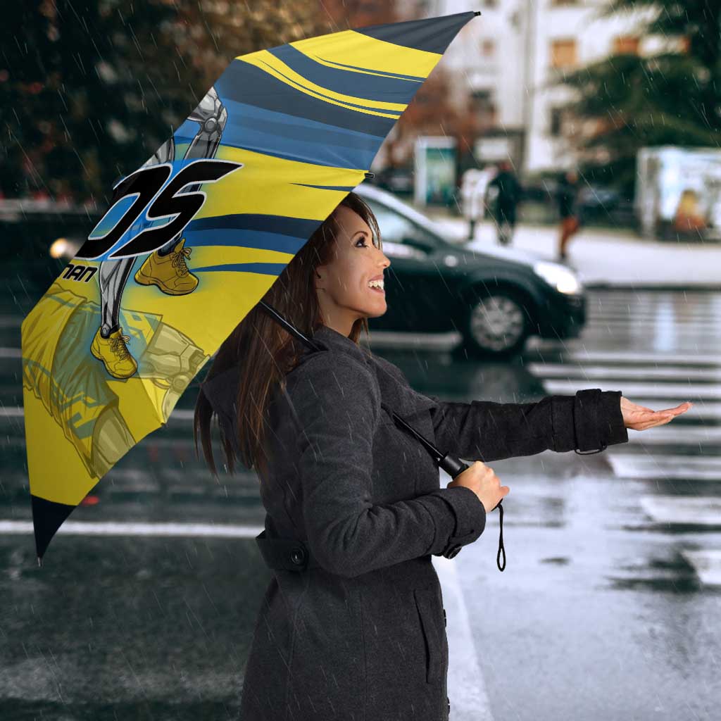 Personalized Genos Volleyball Design Umbrella with Yellow and Blue Athletic Theme and Dynamic Spike Pose
