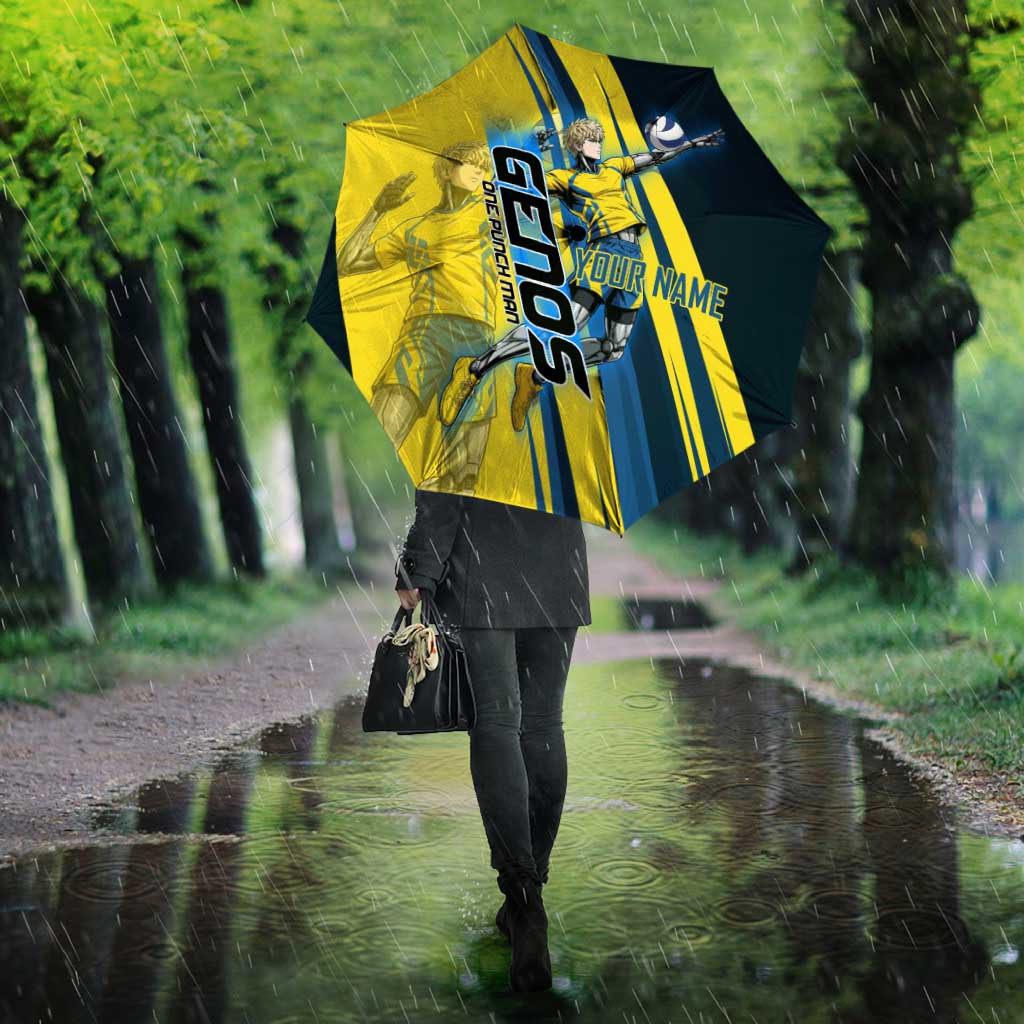 Personalized Genos Volleyball Design Umbrella with Yellow and Blue Athletic Theme and Dynamic Spike Pose