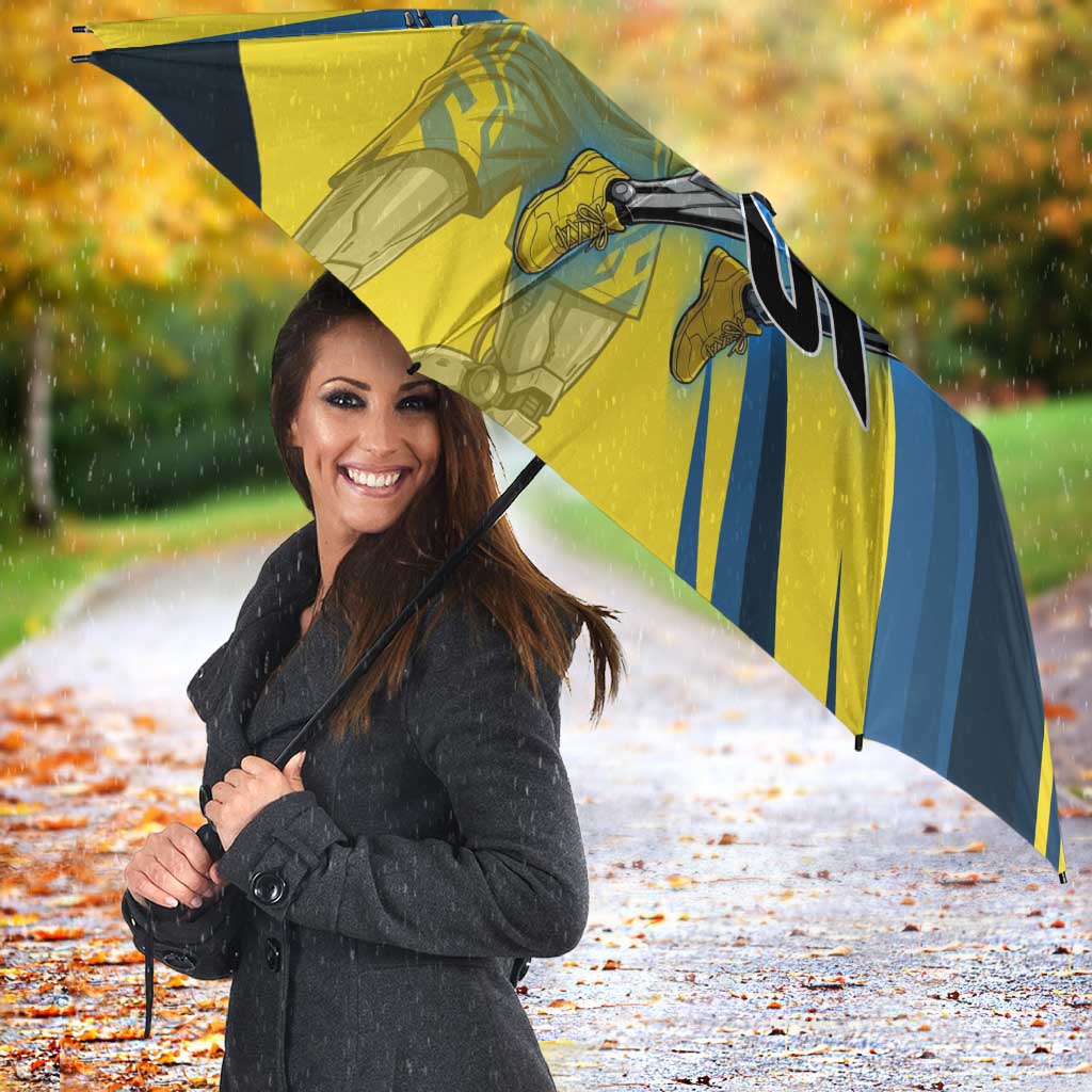 Personalized Genos Volleyball Design Umbrella with Yellow and Blue Athletic Theme and Dynamic Spike Pose