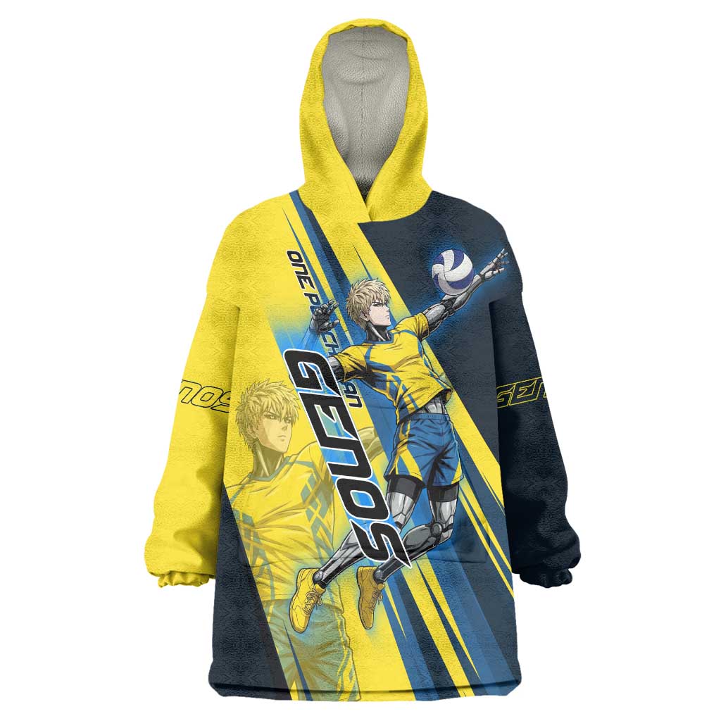Personalized Genos Volleyball Design Wearable Blanket Hoodie with Yellow and Blue Athletic Theme and Dynamic Spike Pose
