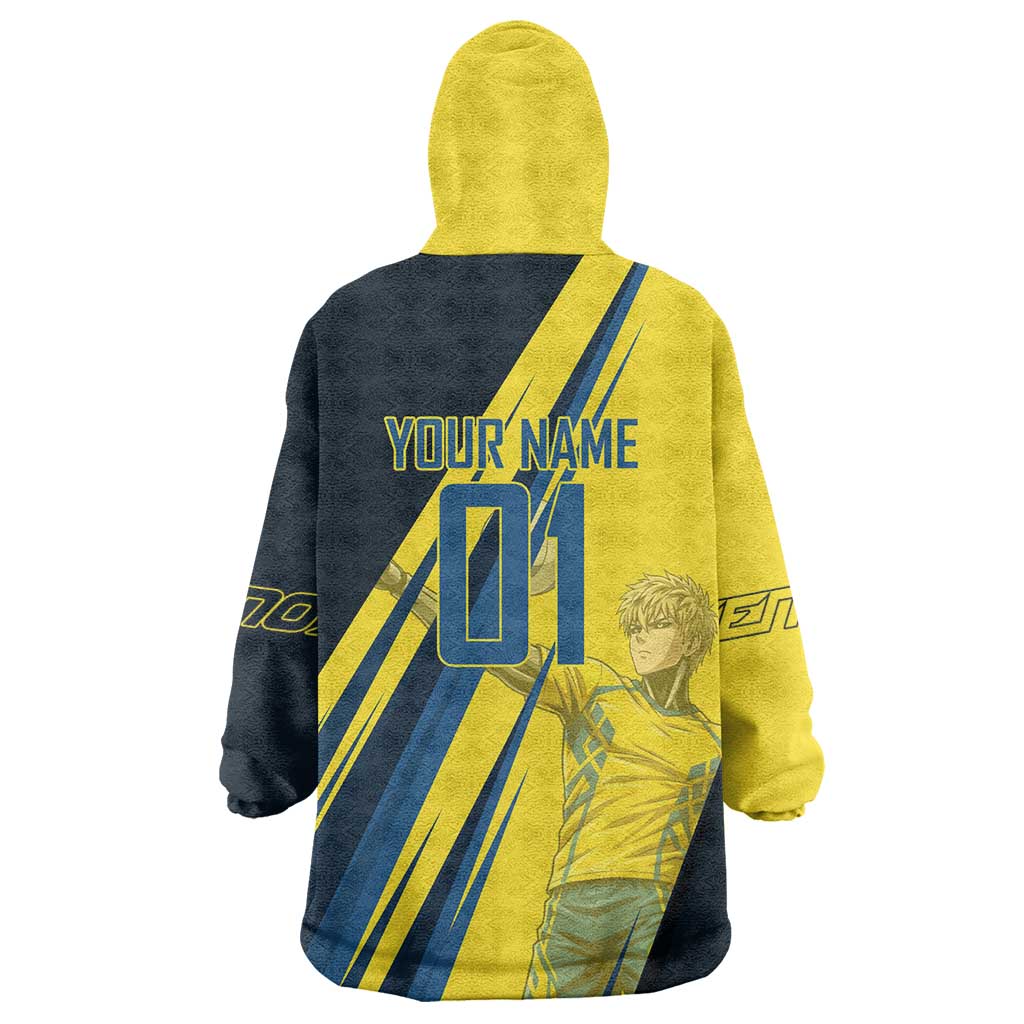 Personalized Genos Volleyball Design Wearable Blanket Hoodie with Yellow and Blue Athletic Theme and Dynamic Spike Pose