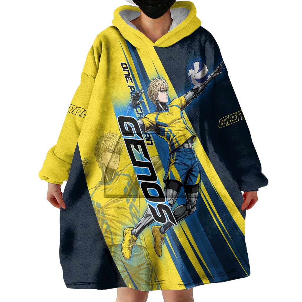 Personalized Genos Volleyball Design Wearable Blanket Hoodie with Yellow and Blue Athletic Theme and Dynamic Spike Pose