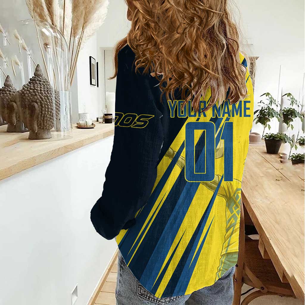 Personalized Genos Volleyball Design Women Casual Shirt with Yellow and Blue Athletic Theme and Dynamic Spike Pose