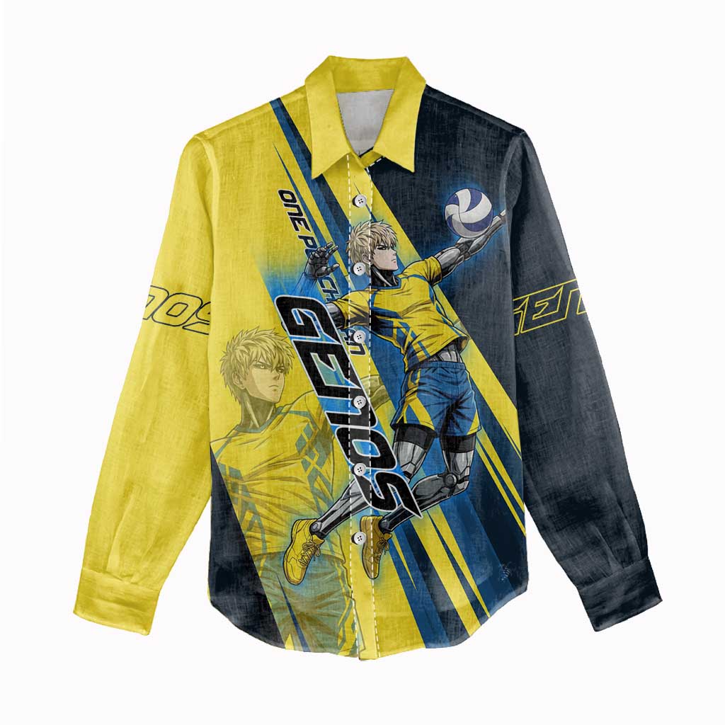 Personalized Genos Volleyball Design Women Casual Shirt with Yellow and Blue Athletic Theme and Dynamic Spike Pose