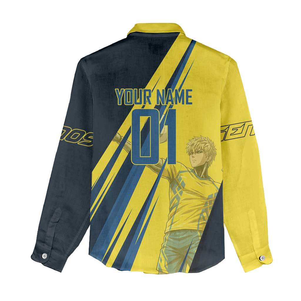 Personalized Genos Volleyball Design Women Casual Shirt with Yellow and Blue Athletic Theme and Dynamic Spike Pose