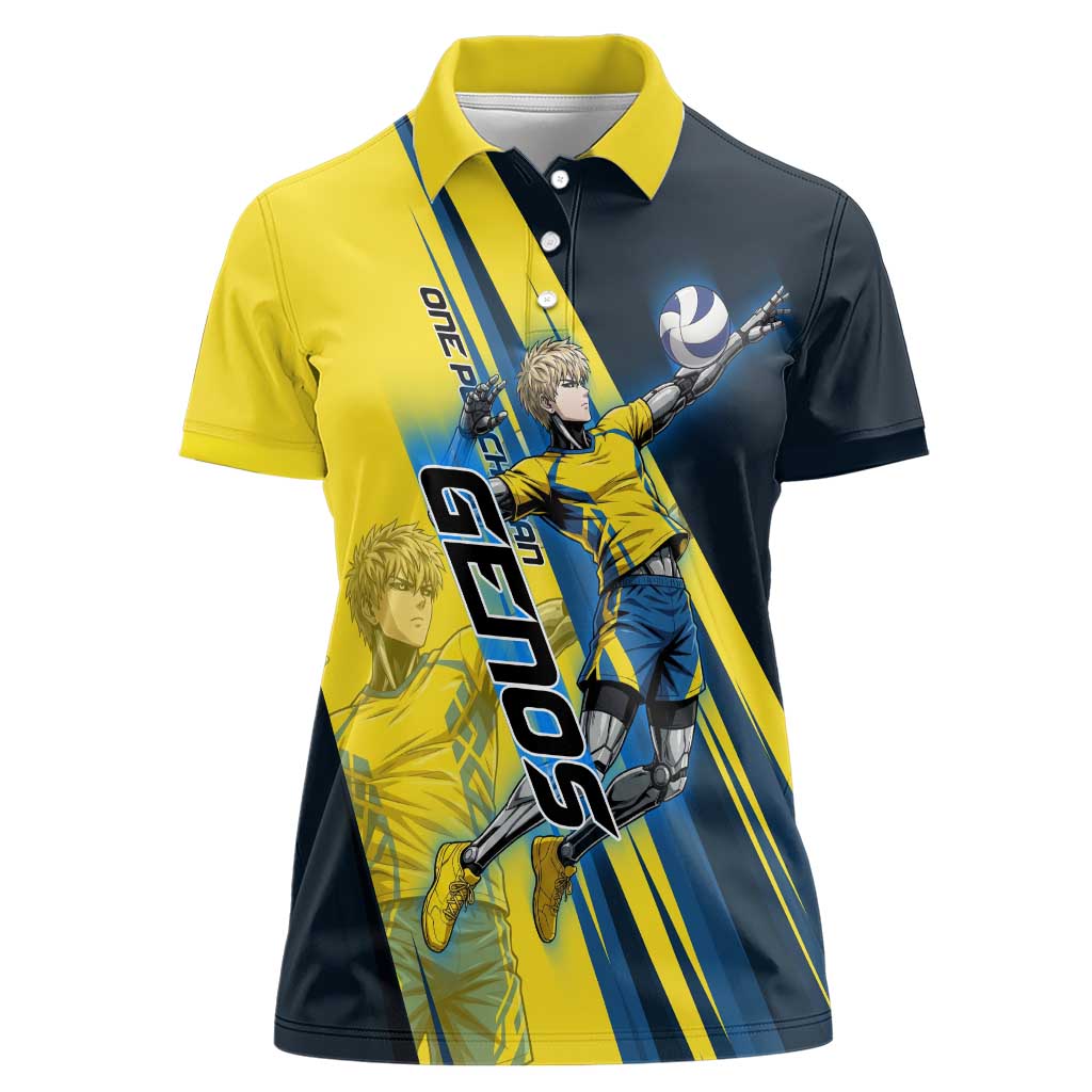 Personalized Genos Volleyball Design Women Polo Shirt with Yellow and Blue Athletic Theme and Dynamic Spike Pose