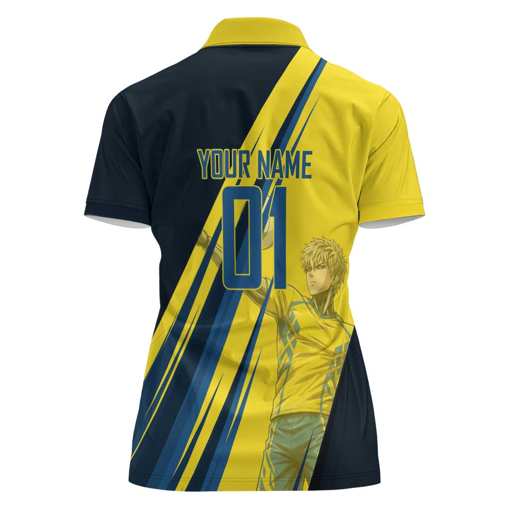 Personalized Genos Volleyball Design Women Polo Shirt with Yellow and Blue Athletic Theme and Dynamic Spike Pose