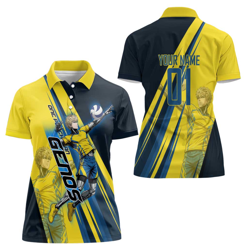Personalized Genos Volleyball Design Women Polo Shirt with Yellow and Blue Athletic Theme and Dynamic Spike Pose