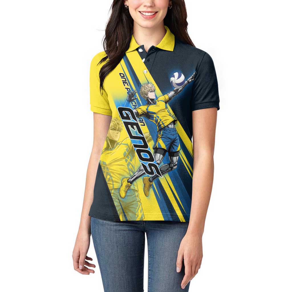 Personalized Genos Volleyball Design Women Polo Shirt with Yellow and Blue Athletic Theme and Dynamic Spike Pose