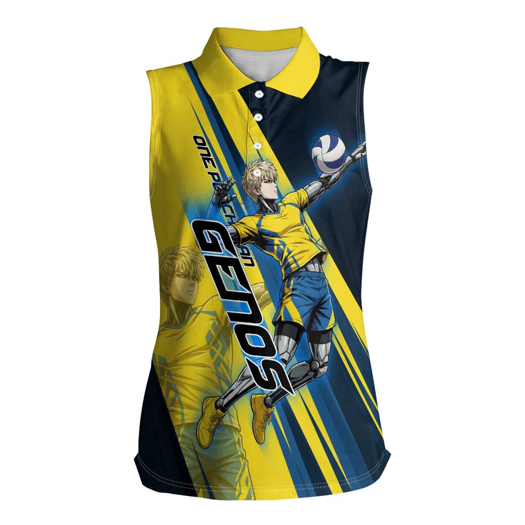 Personalized Genos Volleyball Design Women Sleeveless Polo Shirt with Yellow and Blue Athletic Theme and Dynamic Spike Pose
