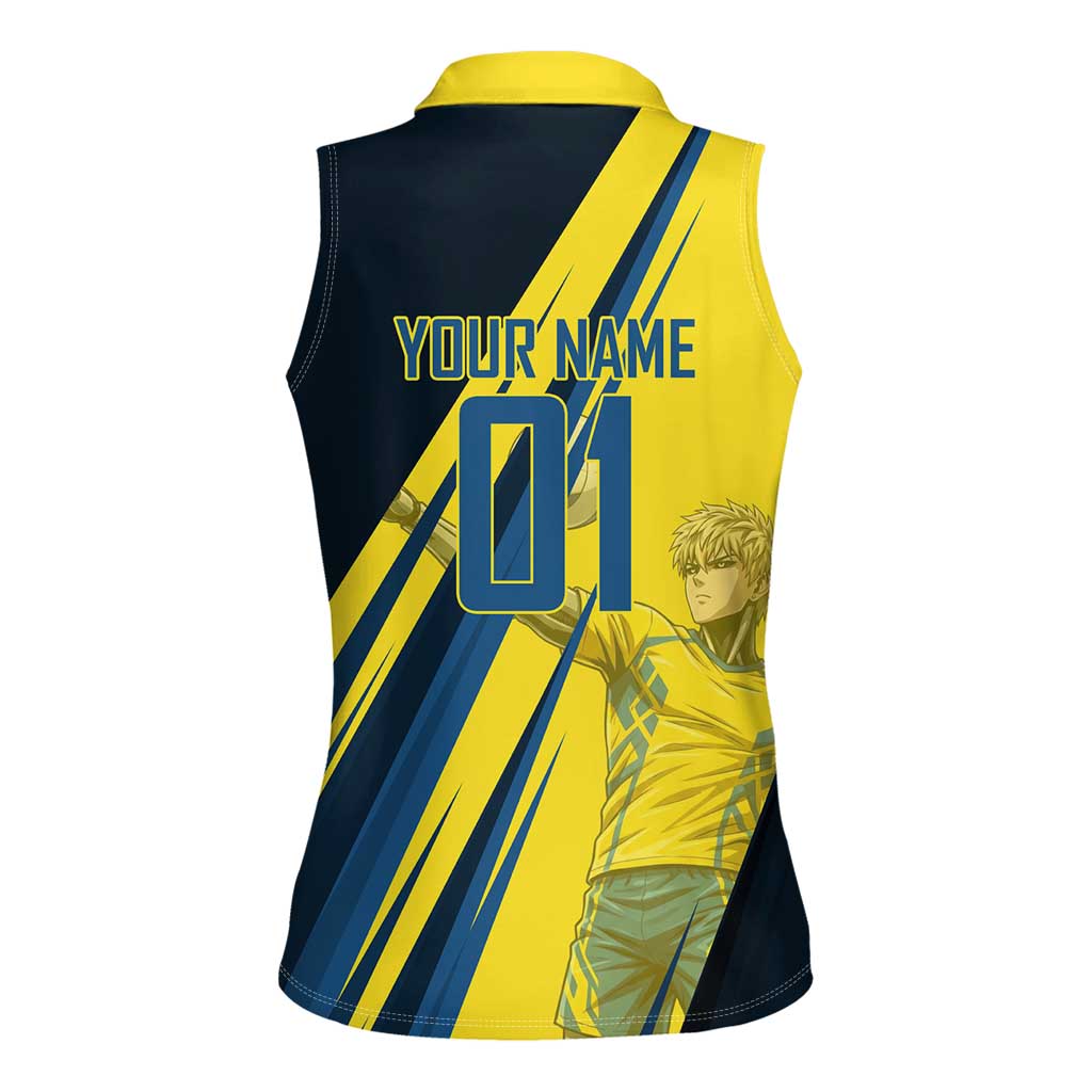 Personalized Genos Volleyball Design Women Sleeveless Polo Shirt with Yellow and Blue Athletic Theme and Dynamic Spike Pose