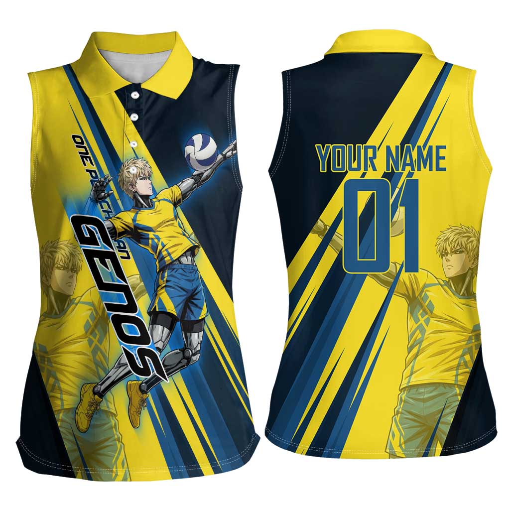 Personalized Genos Volleyball Design Women Sleeveless Polo Shirt with Yellow and Blue Athletic Theme and Dynamic Spike Pose