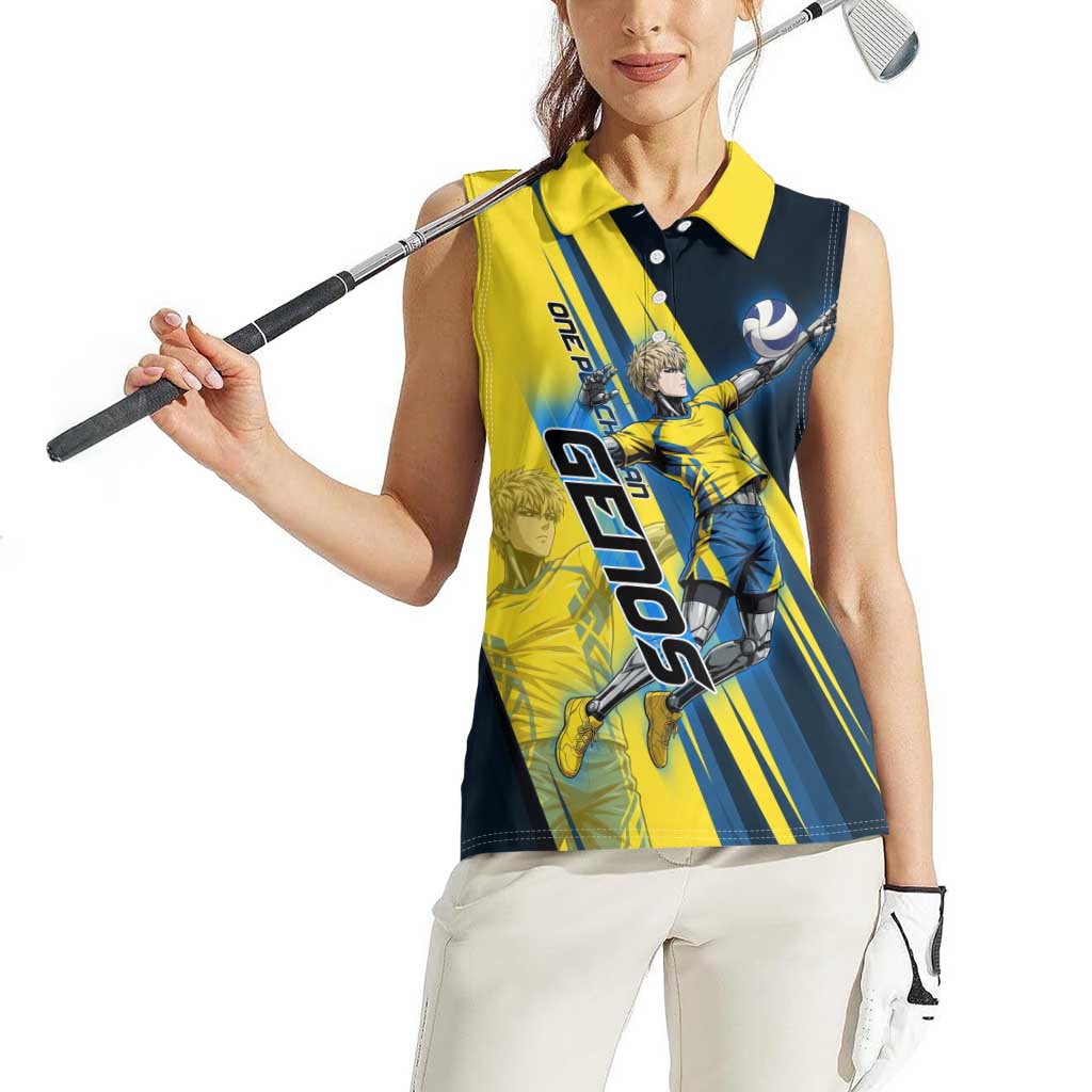 Personalized Genos Volleyball Design Women Sleeveless Polo Shirt with Yellow and Blue Athletic Theme and Dynamic Spike Pose