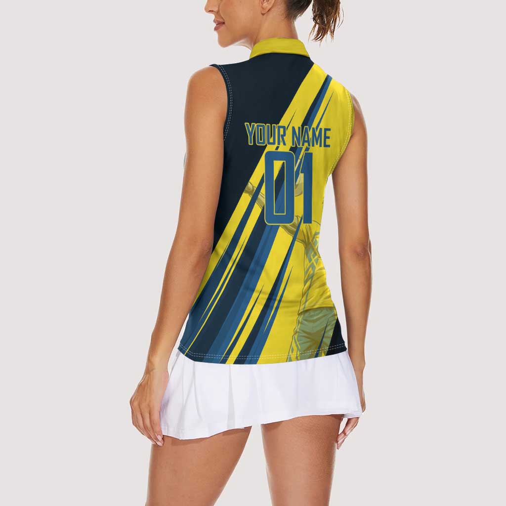 Personalized Genos Volleyball Design Women Sleeveless Polo Shirt with Yellow and Blue Athletic Theme and Dynamic Spike Pose