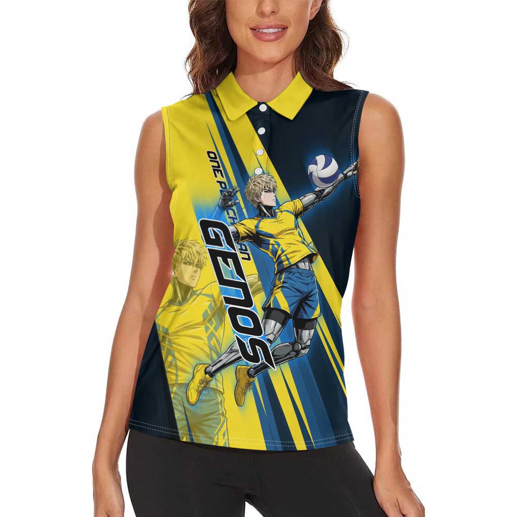 Personalized Genos Volleyball Design Women Sleeveless Polo Shirt with Yellow and Blue Athletic Theme and Dynamic Spike Pose