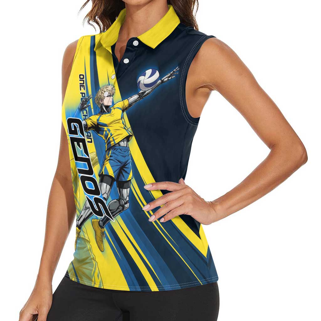 Personalized Genos Volleyball Design Women Sleeveless Polo Shirt with Yellow and Blue Athletic Theme and Dynamic Spike Pose
