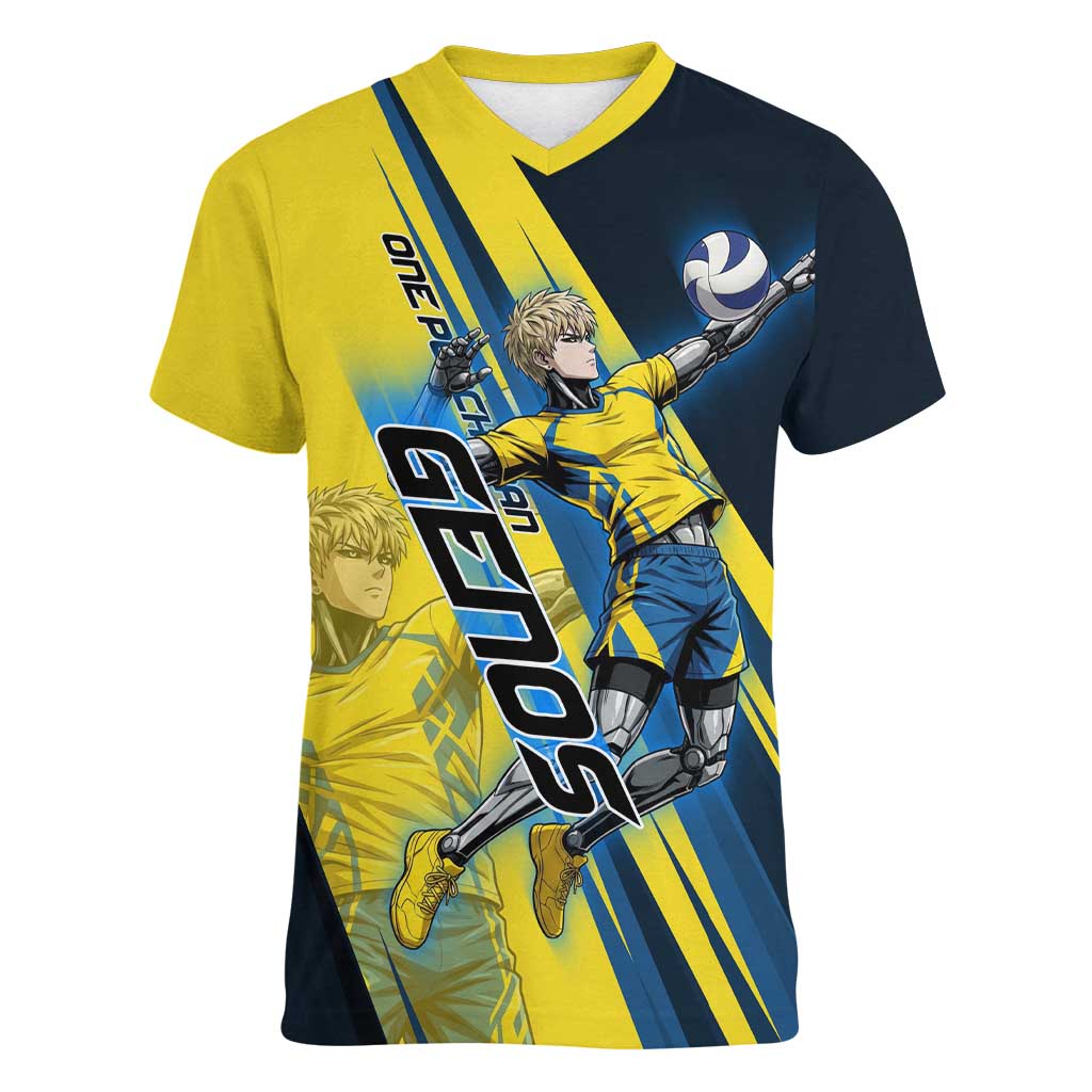 Personalized Genos Volleyball Design Women V-Neck T-Shirt with Yellow and Blue Athletic Theme and Dynamic Spike Pose