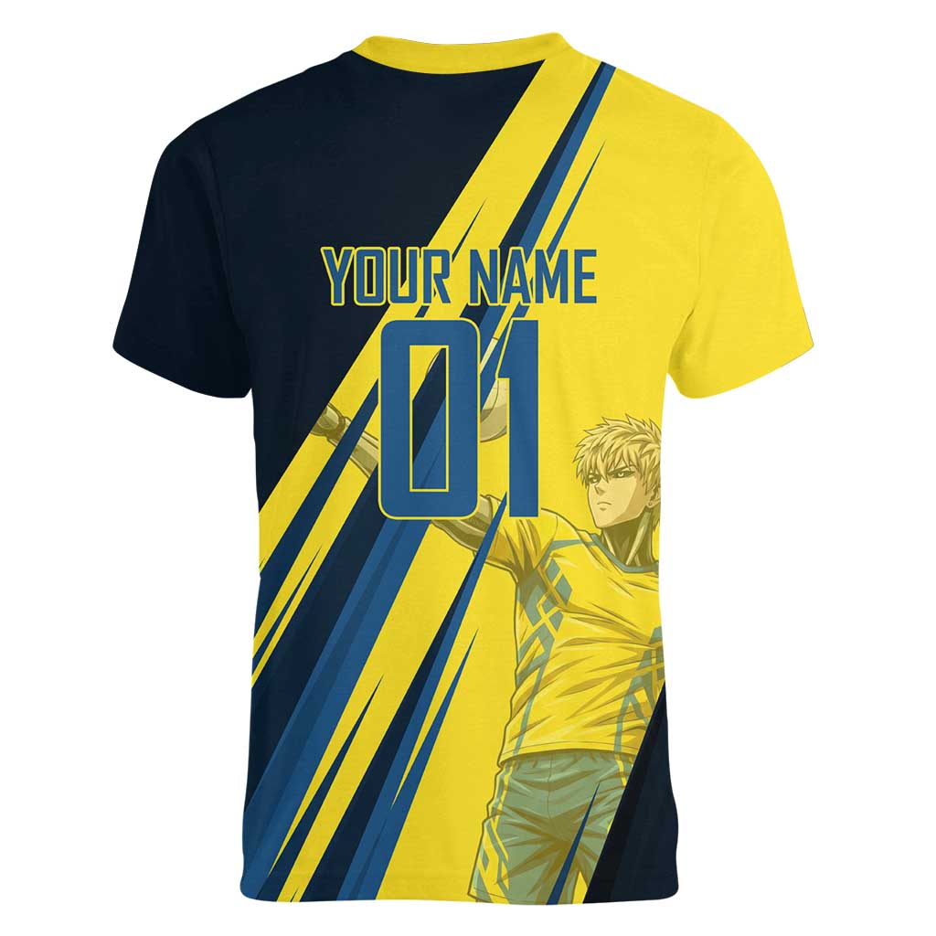 Personalized Genos Volleyball Design Women V-Neck T-Shirt with Yellow and Blue Athletic Theme and Dynamic Spike Pose