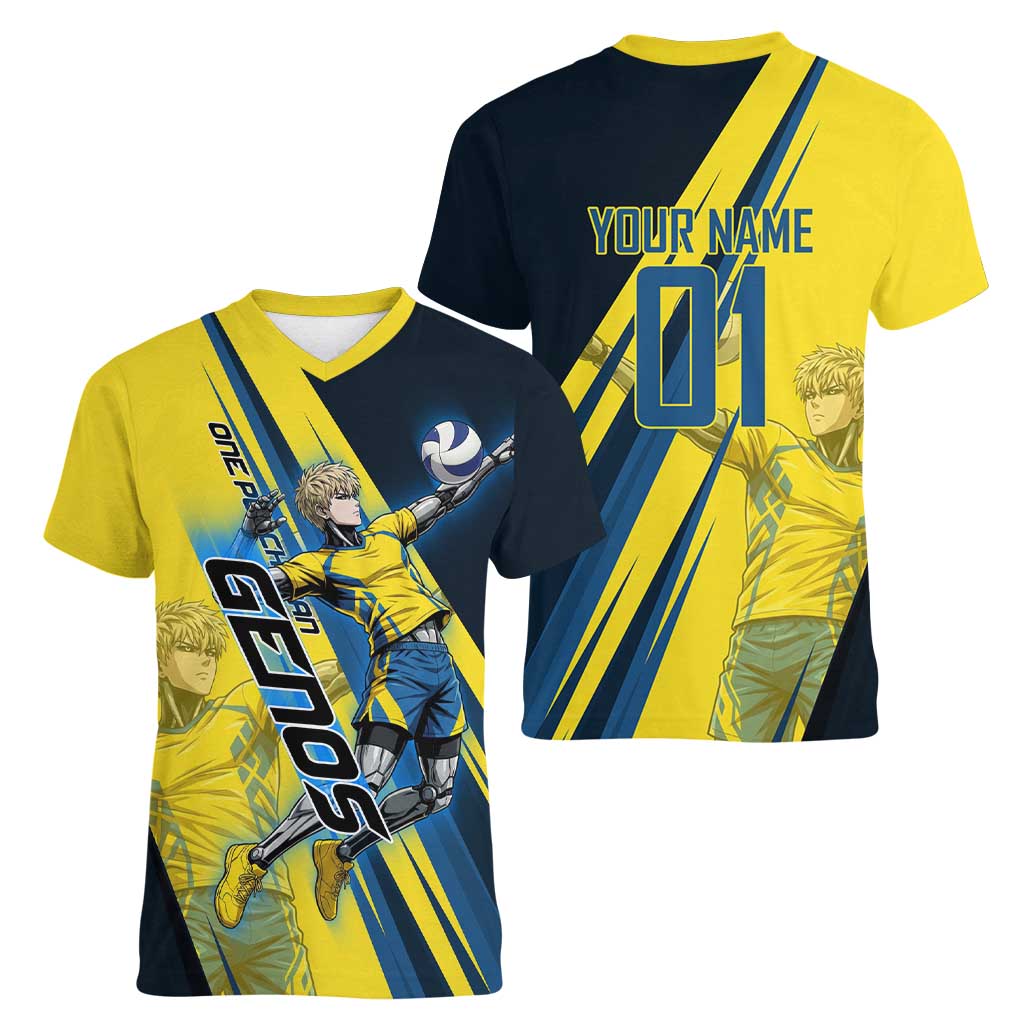 Personalized Genos Volleyball Design Women V-Neck T-Shirt with Yellow and Blue Athletic Theme and Dynamic Spike Pose