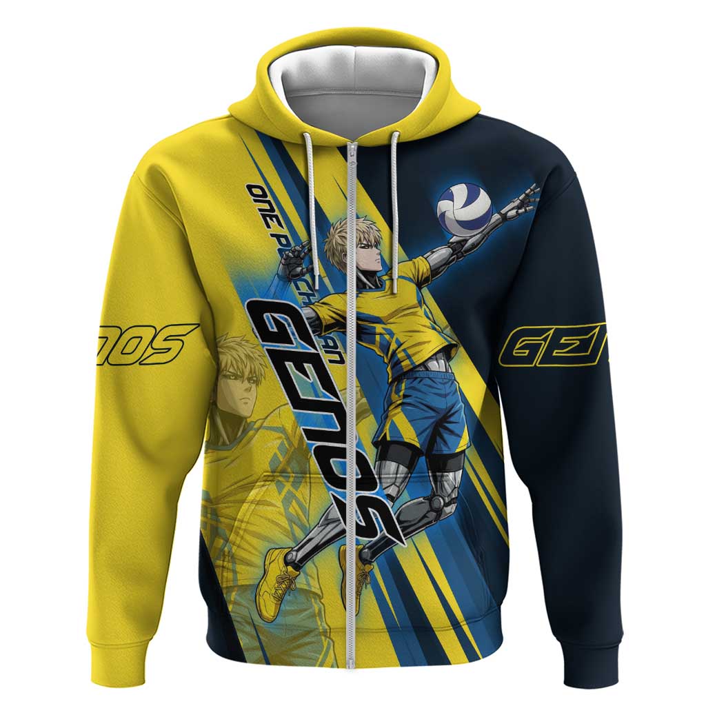 Personalized Genos Volleyball Design Zip Hoodie with Yellow and Blue Athletic Theme and Dynamic Spike Pose