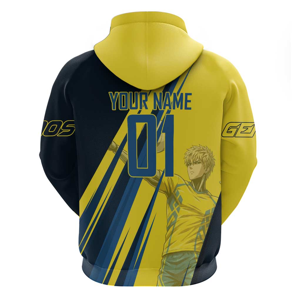 Personalized Genos Volleyball Design Zip Hoodie with Yellow and Blue Athletic Theme and Dynamic Spike Pose