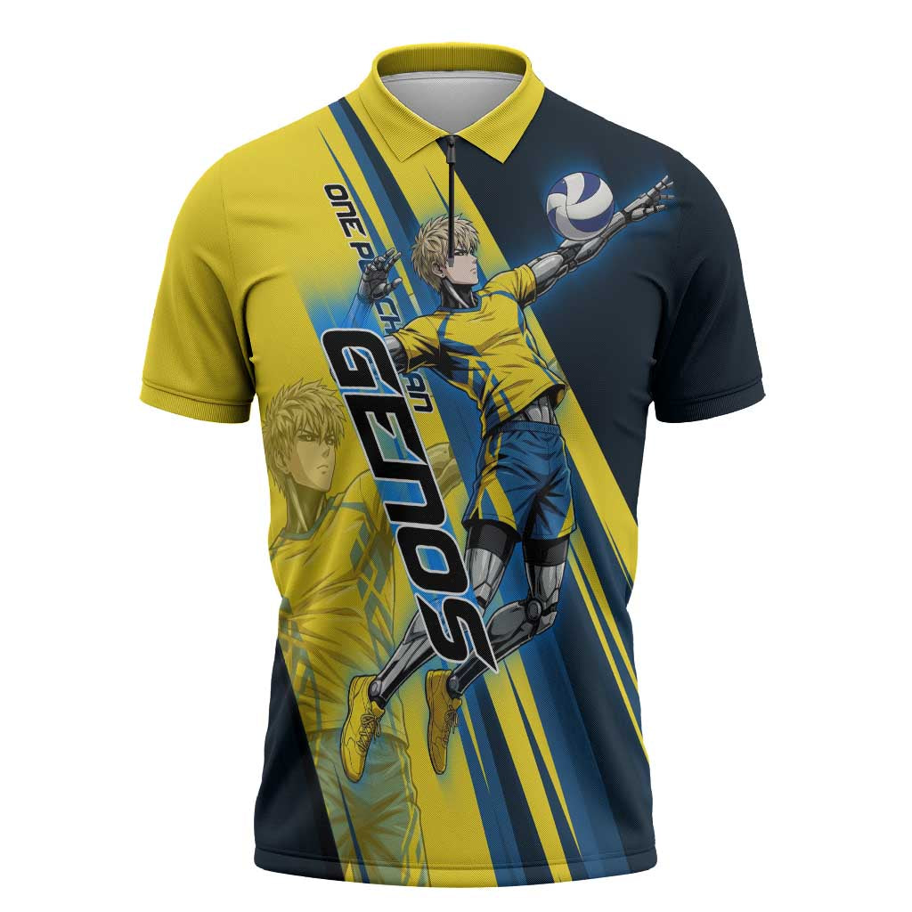 Personalized Genos Volleyball Design Zipper Polo Shirt with Yellow and Blue Athletic Theme and Dynamic Spike Pose