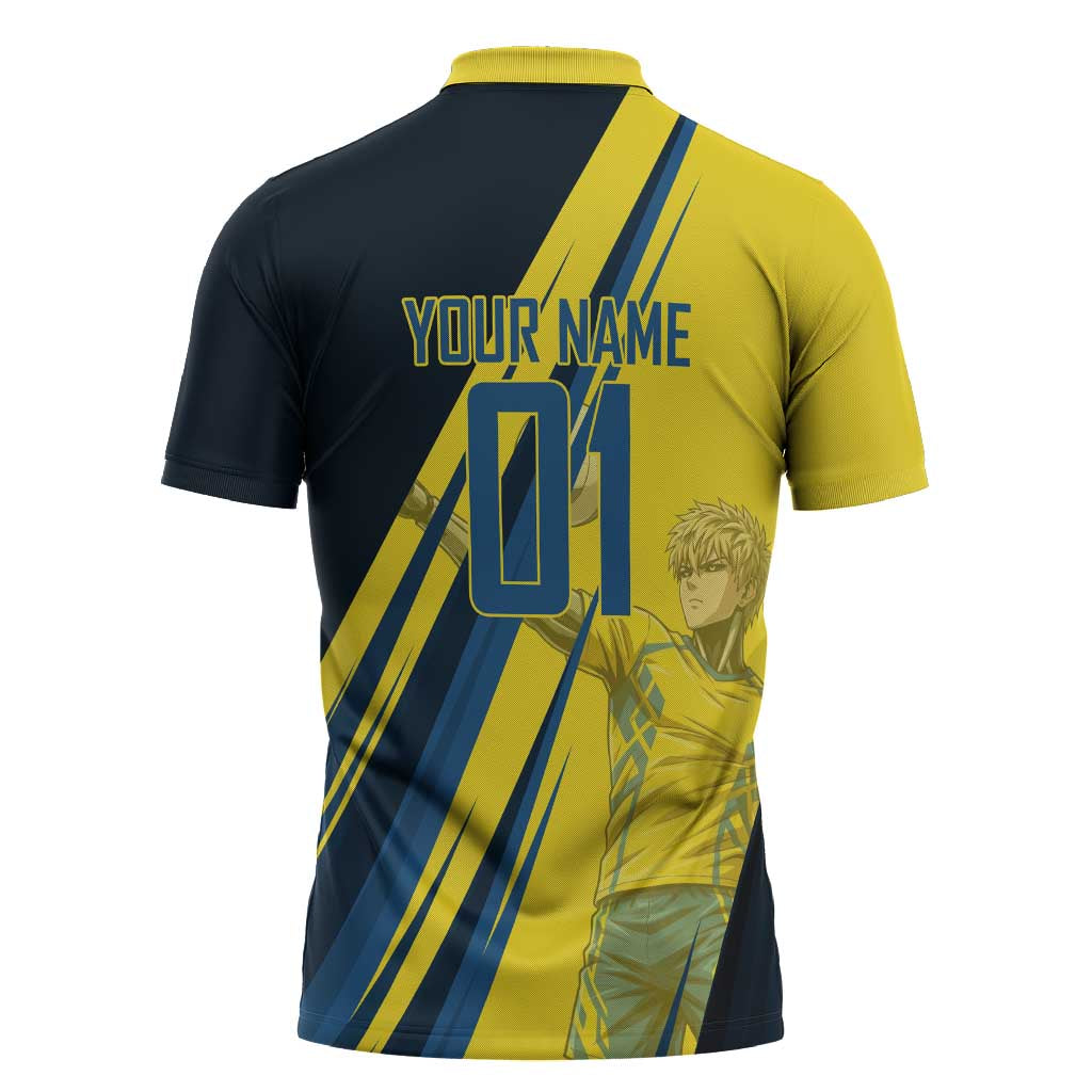 Personalized Genos Volleyball Design Zipper Polo Shirt with Yellow and Blue Athletic Theme and Dynamic Spike Pose