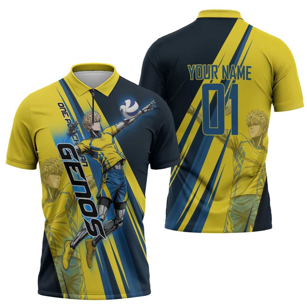 Personalized Genos Volleyball Design Zipper Polo Shirt with Yellow and Blue Athletic Theme and Dynamic Spike Pose