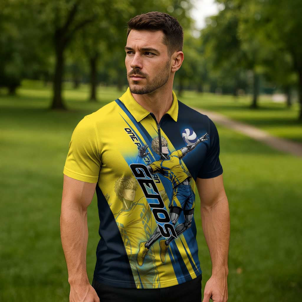 Personalized Genos Volleyball Design Zipper Polo Shirt with Yellow and Blue Athletic Theme and Dynamic Spike Pose
