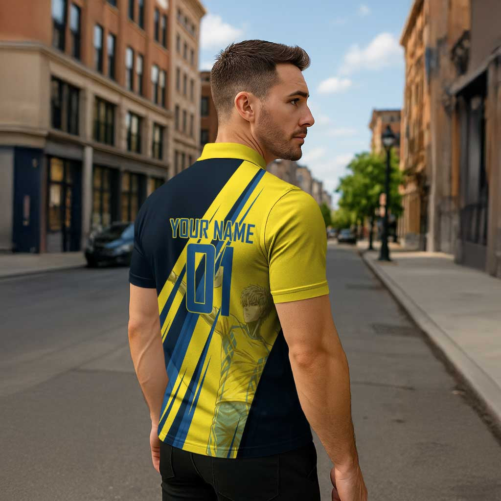 Personalized Genos Volleyball Design Zipper Polo Shirt with Yellow and Blue Athletic Theme and Dynamic Spike Pose