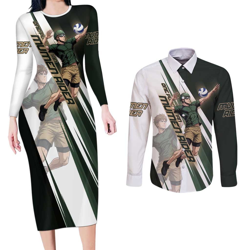 Personalized Mumen Rider Volleyball Couples Matching Long Sleeve Bodycon Dress and Long Sleeve Button Shirt Saitama Anime