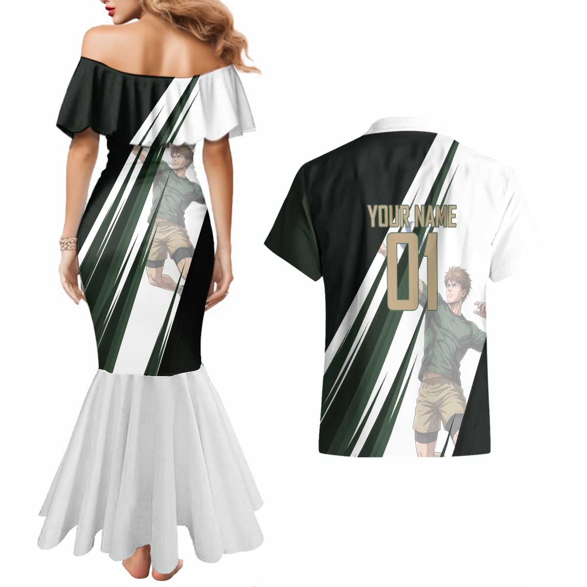 Personalized Mumen Rider Volleyball Couples Matching Mermaid Dress and Hawaiian Shirt Saitama Anime