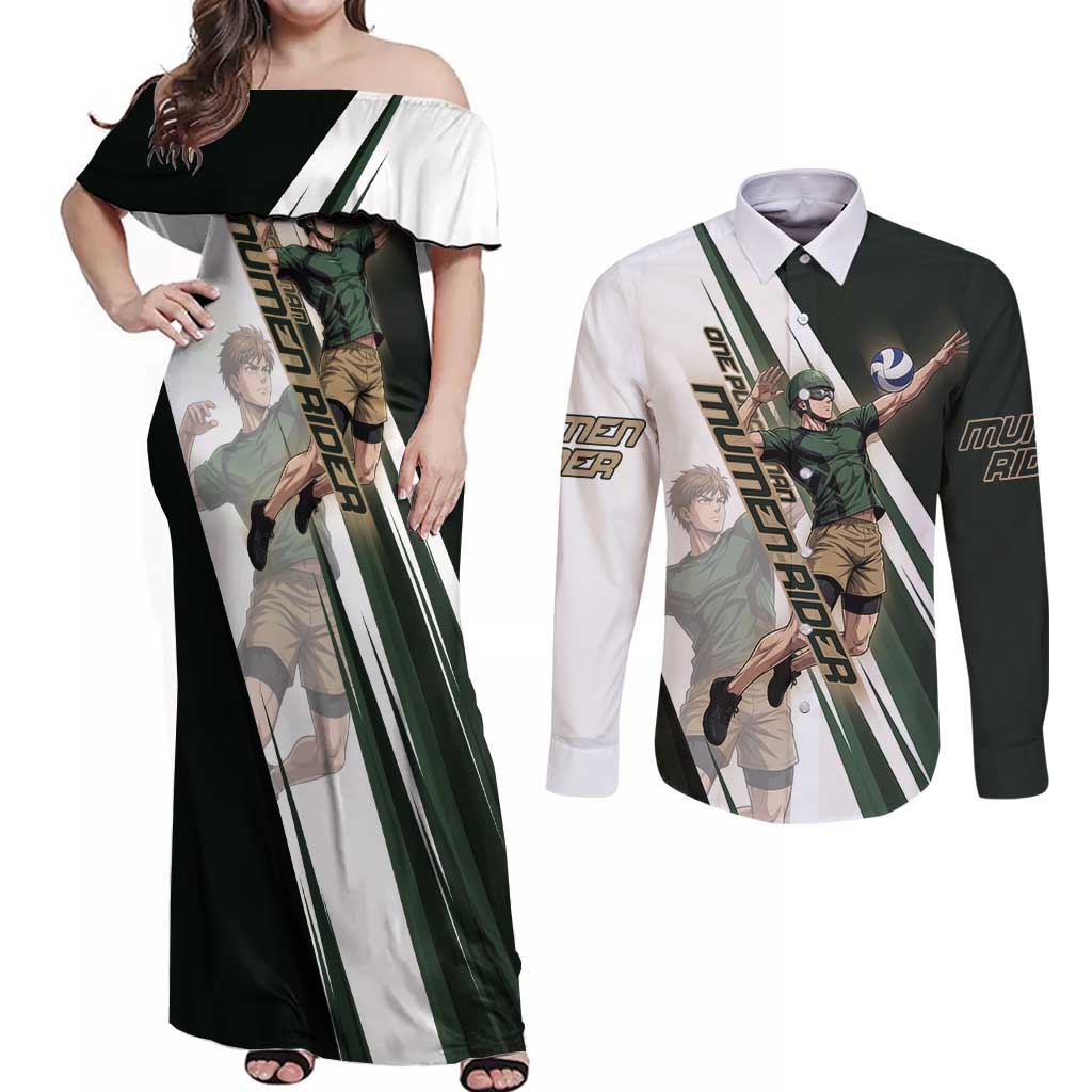Personalized Mumen Rider Volleyball Couples Matching Off Shoulder Maxi Dress and Long Sleeve Button Shirt Saitama Anime