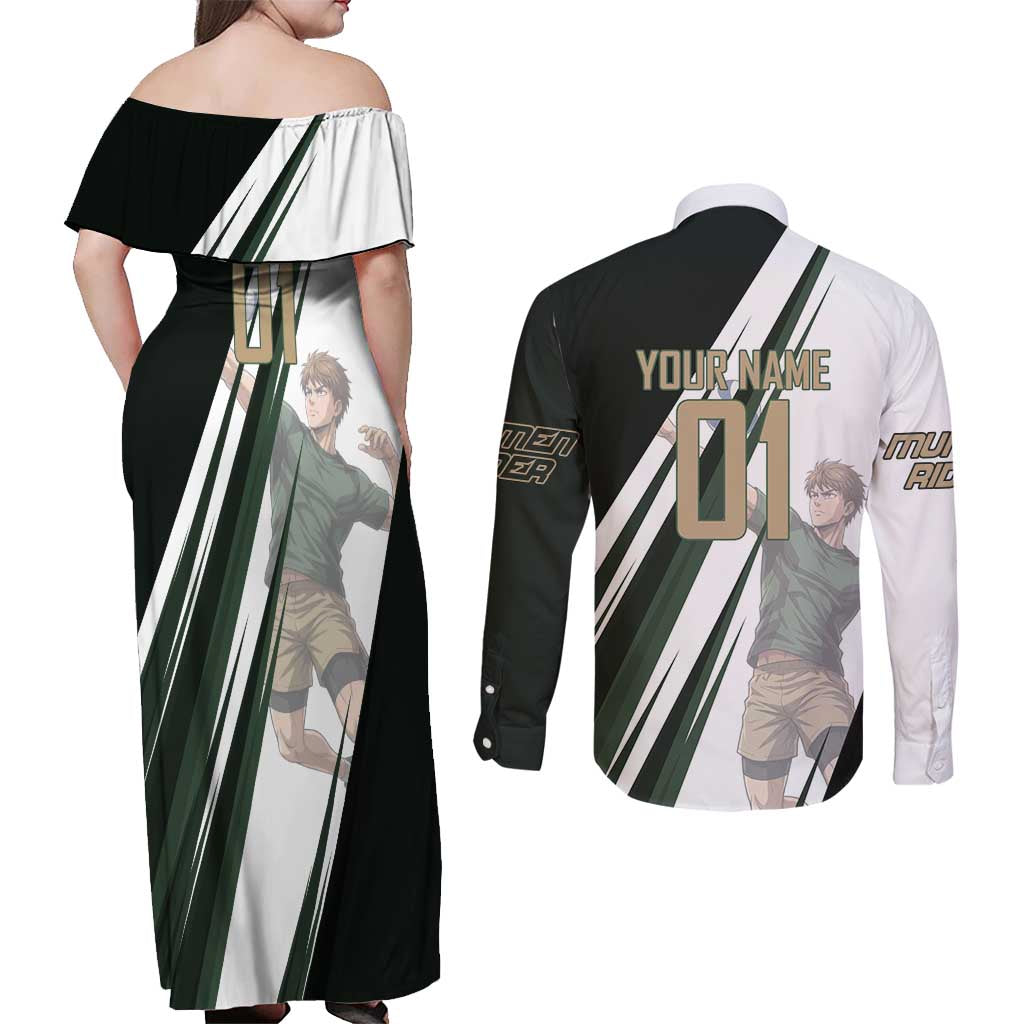 Personalized Mumen Rider Volleyball Couples Matching Off Shoulder Maxi Dress and Long Sleeve Button Shirt Saitama Anime