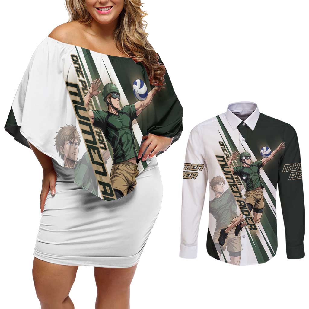 Personalized Mumen Rider Volleyball Couples Matching Off Shoulder Short Dress and Long Sleeve Button Shirt Saitama Anime