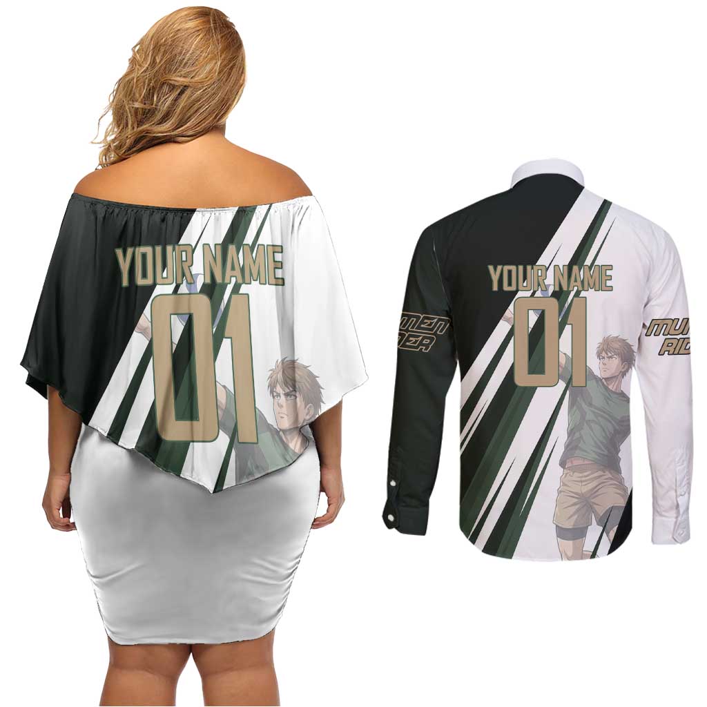 Personalized Mumen Rider Volleyball Couples Matching Off Shoulder Short Dress and Long Sleeve Button Shirt Saitama Anime