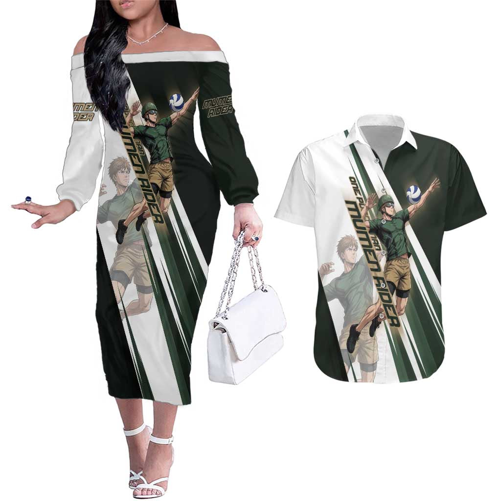 Personalized Mumen Rider Volleyball Couples Matching Off The Shoulder Long Sleeve Dress and Hawaiian Shirt Saitama Anime
