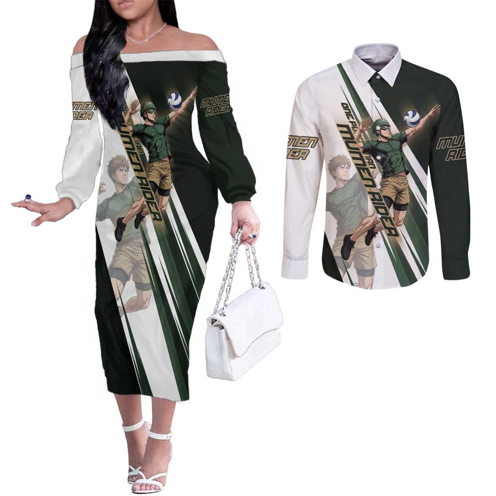 Personalized Mumen Rider Volleyball Couples Matching Off The Shoulder Long Sleeve Dress and Long Sleeve Button Shirt Saitama Anime