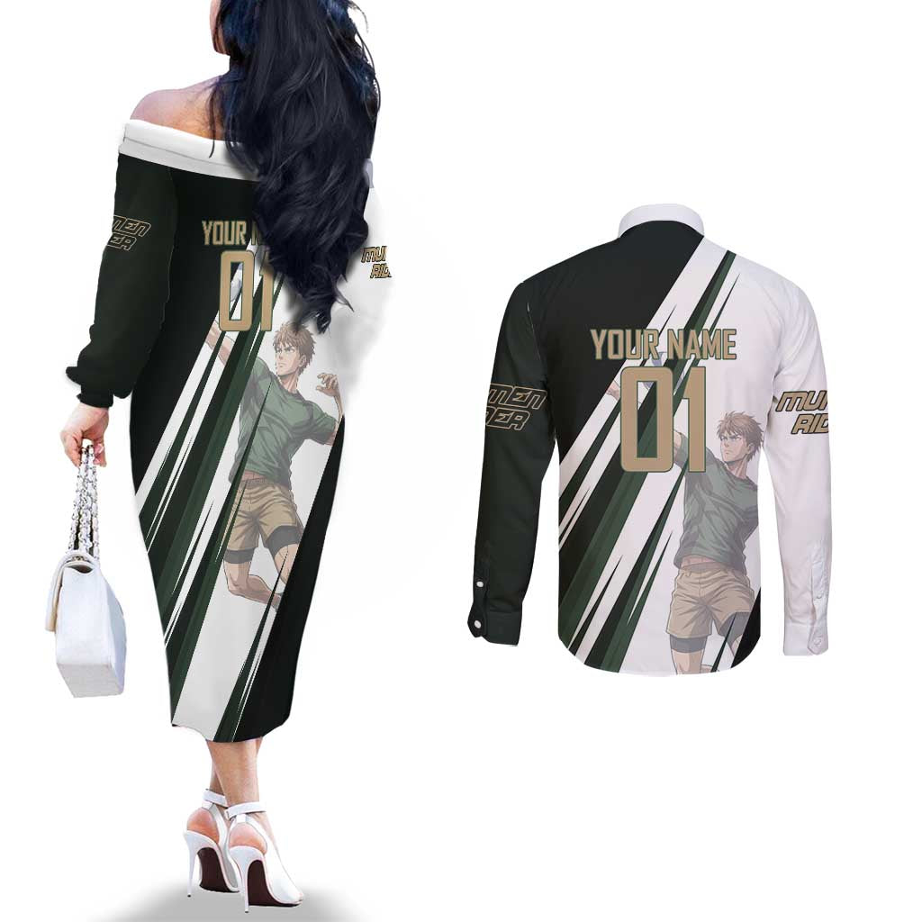 Personalized Mumen Rider Volleyball Couples Matching Off The Shoulder Long Sleeve Dress and Long Sleeve Button Shirt Saitama Anime
