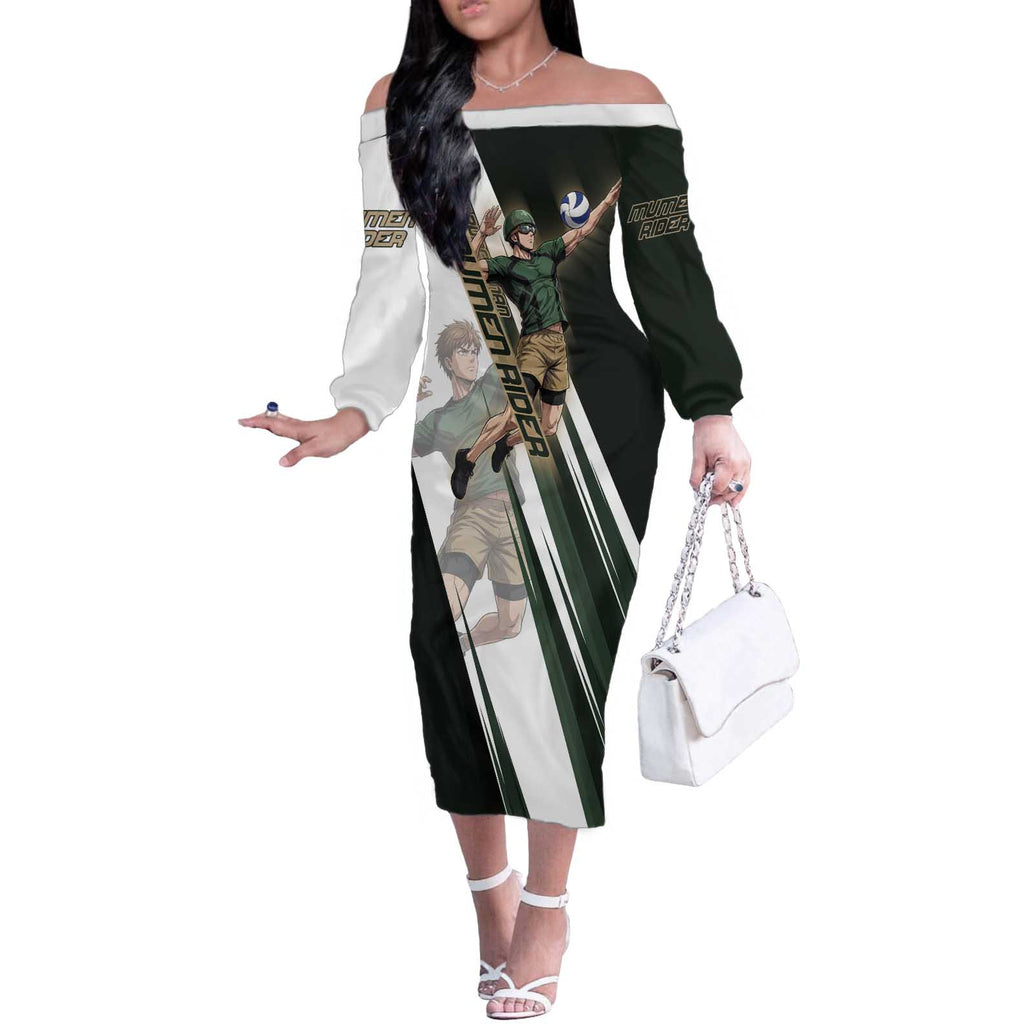 Personalized Mumen Rider Volleyball Off The Shoulder Long Sleeve Dress Saitama Anime