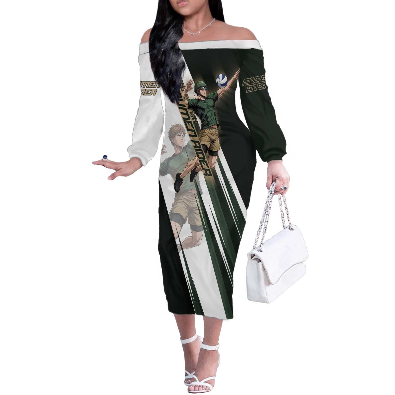 Personalized Mumen Rider Volleyball Off The Shoulder Long Sleeve Dress Saitama Anime