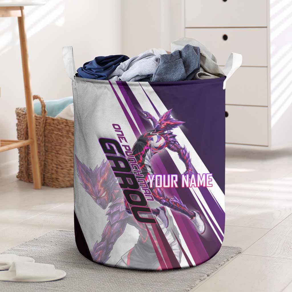 Personalized Garou Monster Volleyball Design Laundry Basket with Dynamic Pose, Purple and White Diagonal Stripes Featuring One Punch Man Anime Theme