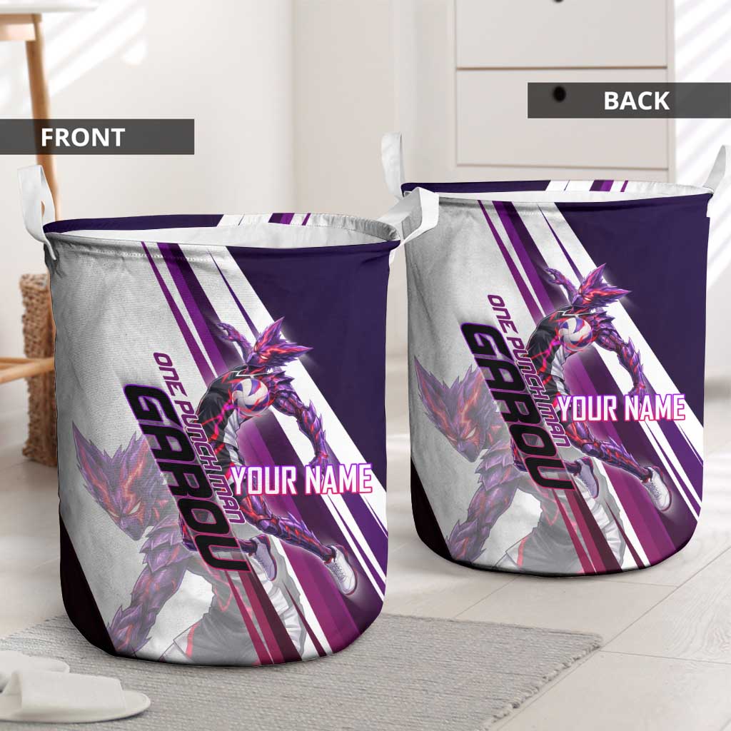 Personalized Garou Monster Volleyball Design Laundry Basket with Dynamic Pose, Purple and White Diagonal Stripes Featuring One Punch Man Anime Theme