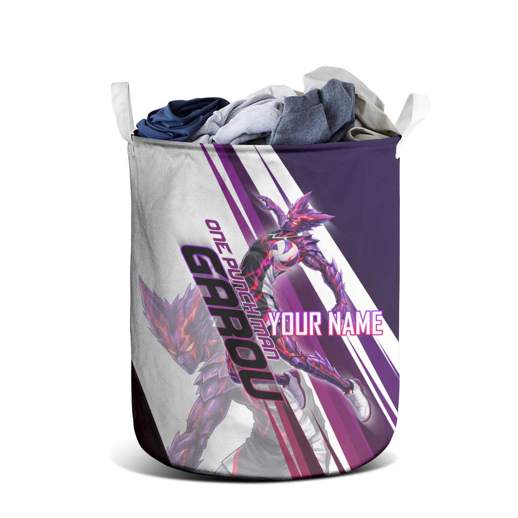 Personalized Garou Monster Volleyball Design Laundry Basket with Dynamic Pose, Purple and White Diagonal Stripes Featuring One Punch Man Anime Theme