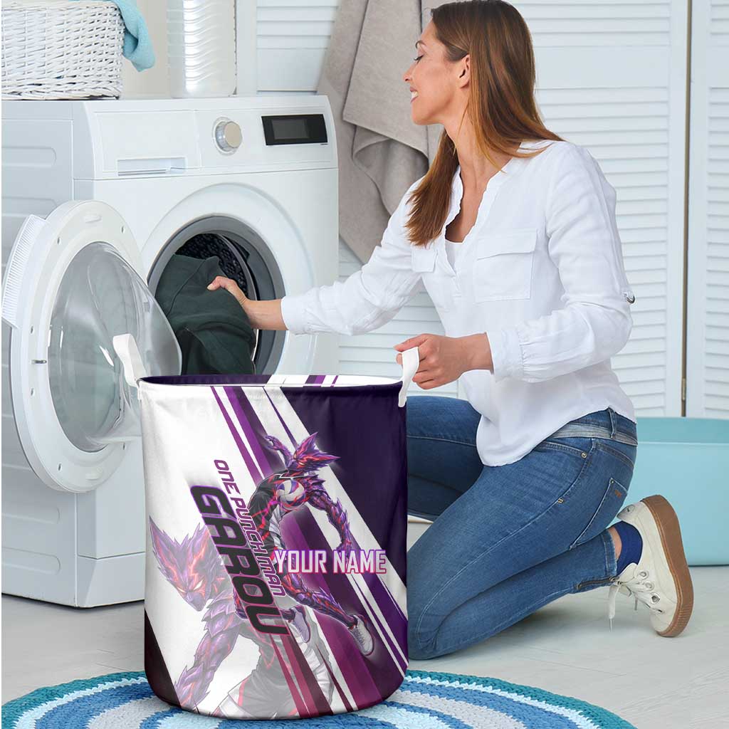 Personalized Garou Monster Volleyball Design Laundry Basket with Dynamic Pose, Purple and White Diagonal Stripes Featuring One Punch Man Anime Theme