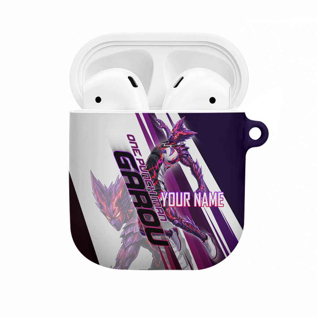 Personalized Garou Monster Volleyball Design AirPods Case with Dynamic Pose, Purple and White Diagonal Stripes Featuring One Punch Man Anime Theme
