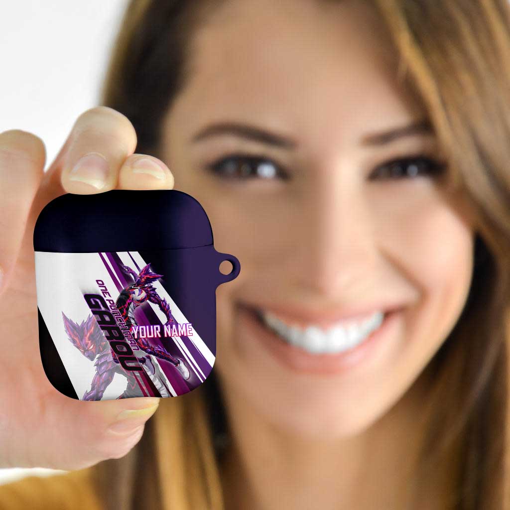Personalized Garou Monster Volleyball Design AirPods Case with Dynamic Pose, Purple and White Diagonal Stripes Featuring One Punch Man Anime Theme