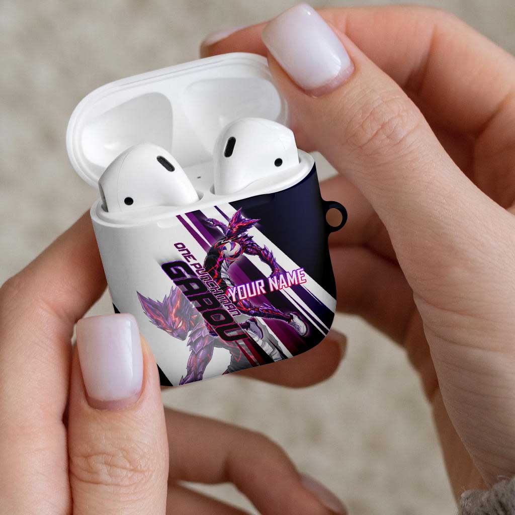 Personalized Garou Monster Volleyball Design AirPods Case with Dynamic Pose, Purple and White Diagonal Stripes Featuring One Punch Man Anime Theme