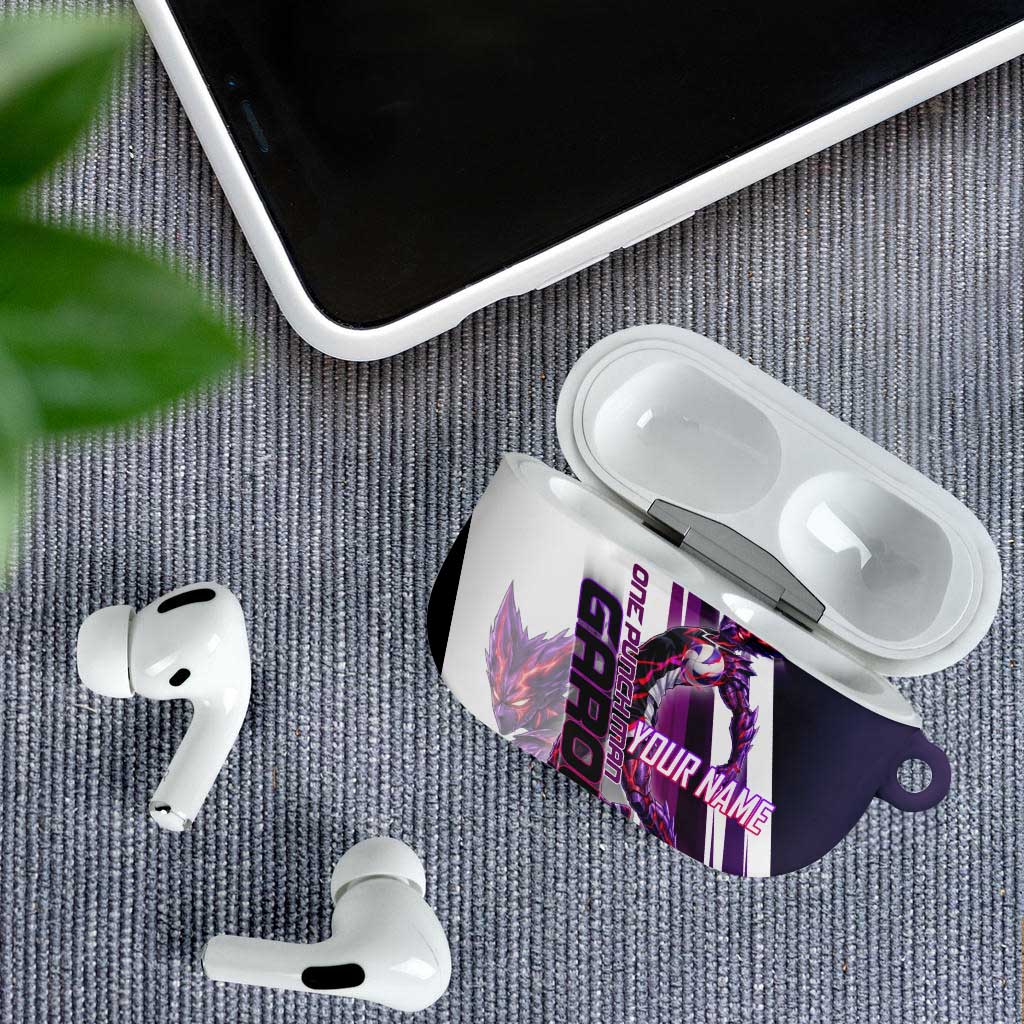 Personalized Garou Monster Volleyball Design AirPods Case with Dynamic Pose, Purple and White Diagonal Stripes Featuring One Punch Man Anime Theme