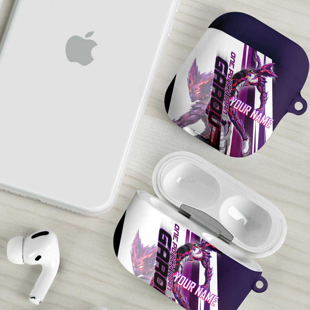 Personalized Garou Monster Volleyball Design AirPods Case with Dynamic Pose, Purple and White Diagonal Stripes Featuring One Punch Man Anime Theme